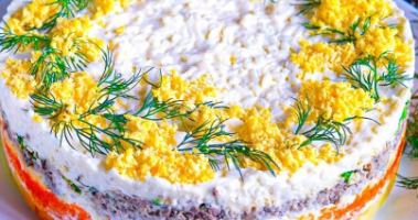 Салат Мимоза с рыбными консервами и картошкой классический